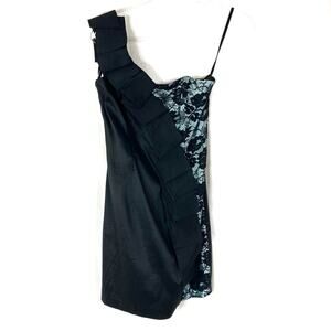 Jessica McClintock One Shoulder Black Blue Lace Cocktail Homecoming Dress Size 6